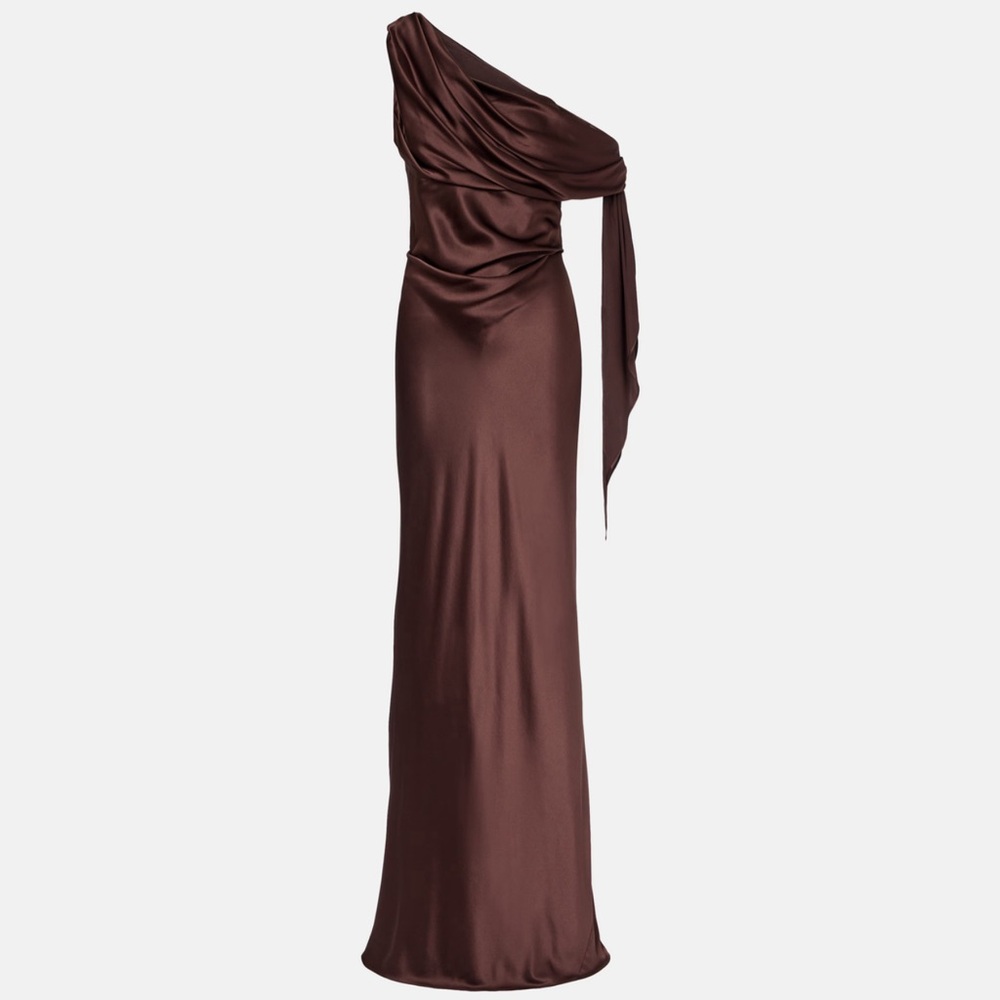 One-Shoulder 100% Silk Satin Evening Gown in Chocolate Brown - Picture 3 of 12